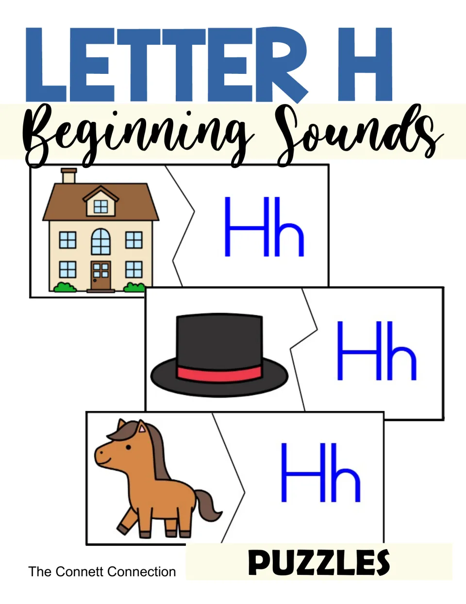 Letter H beginning sounds cover: two-piece puzzles matching a house, top hat and horse picture to the letters Hh