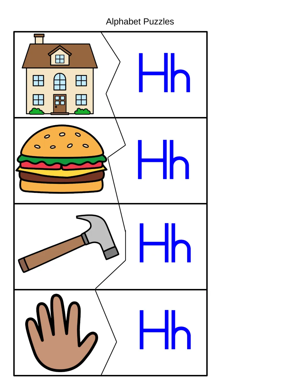 Alphabet puzzles: children cut apart and match house, hamburger, hammer and hand pictures to Hh for the /h/ sound