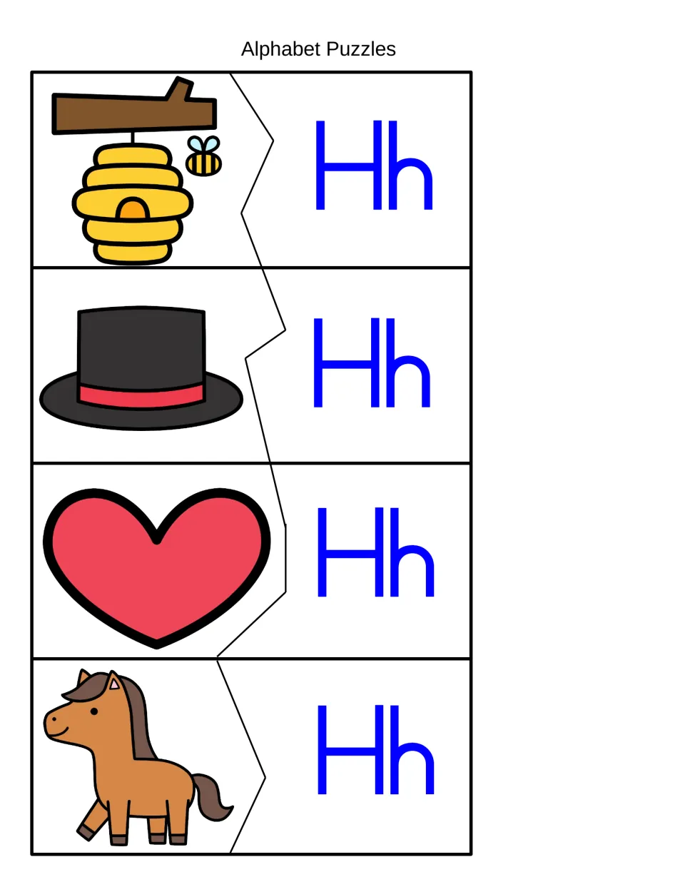 Hh sound matching: children join beehive, top hat, heart and horse picture pieces to the Hh letter halves