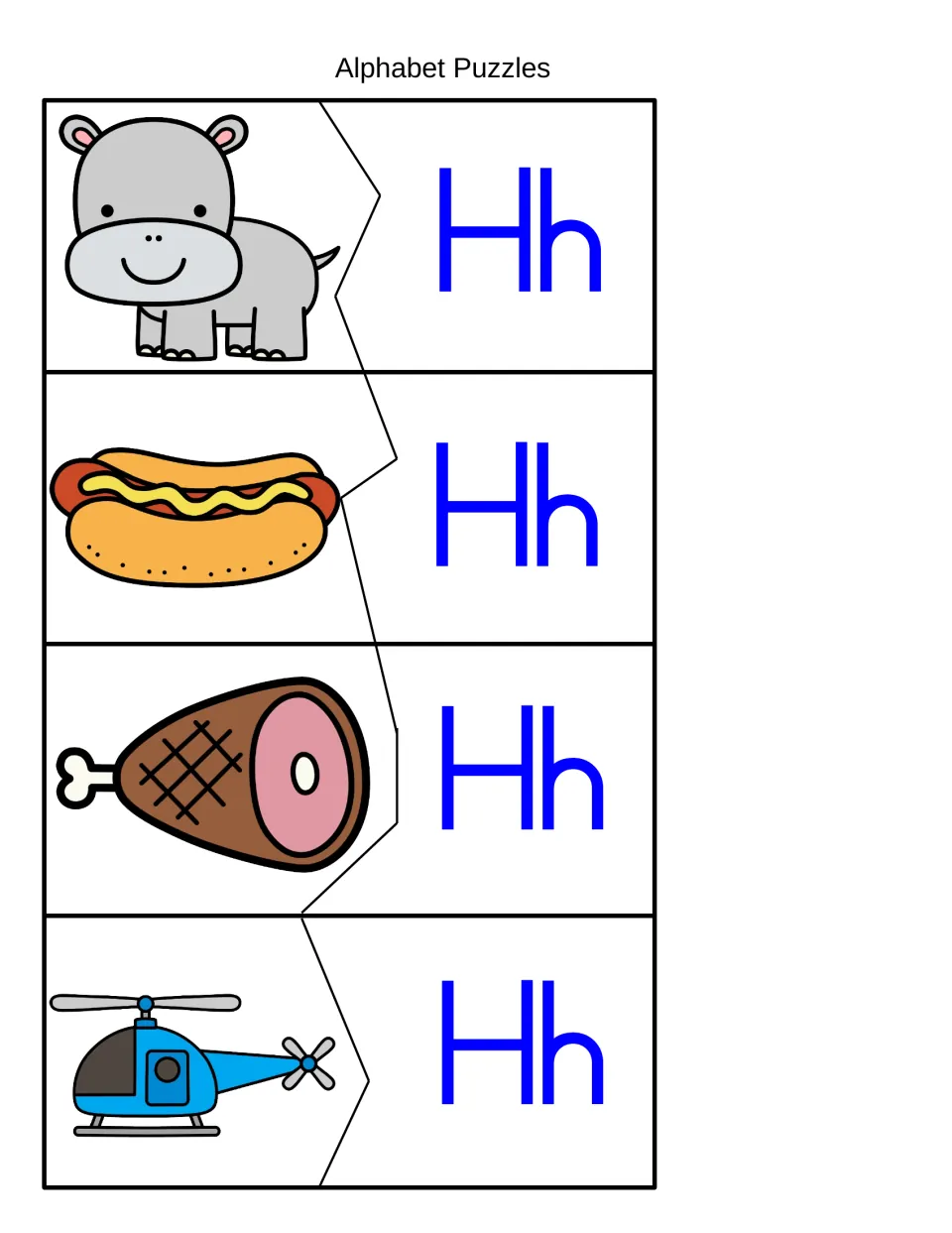 Initial /h/ puzzles: children cut out and pair hippo, hot dog, ham and helicopter pictures with the letters Hh