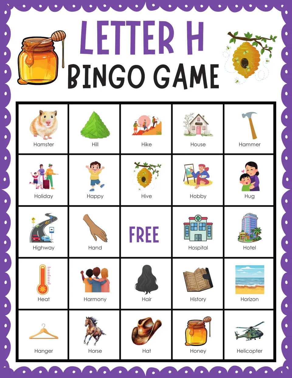 Letter H bingo card 1: students mark H picture words like Hamster, Hill, Hike, House and Hammer around a FREE center