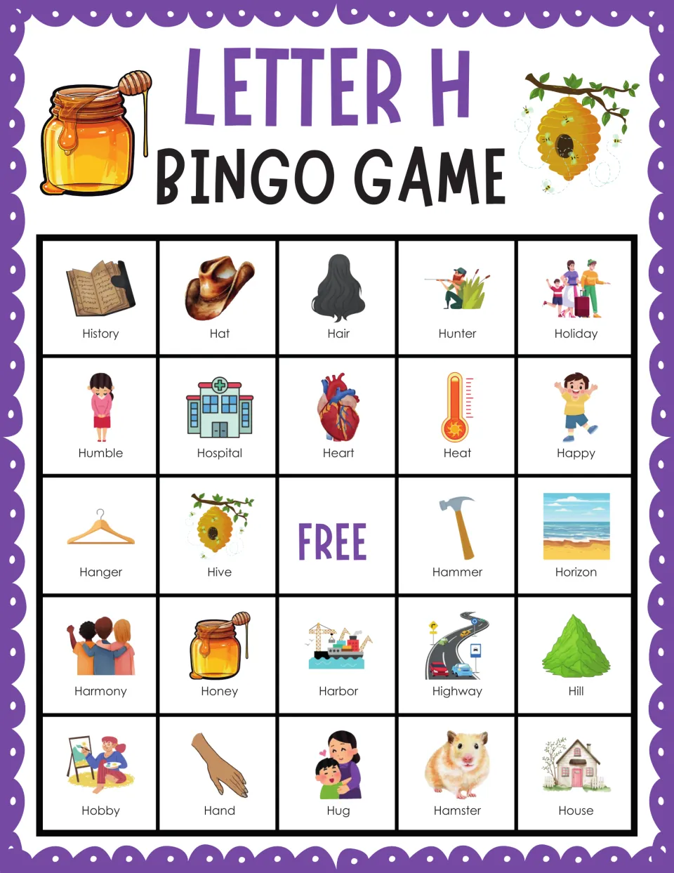 H bingo card 2: picture squares for History, Hat, Hair, Hunter and Holiday lead a set of 24 H words to cover when called