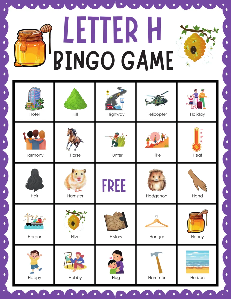 H bingo card 3: students listen for H words and cover pictures such as Hotel, Hill, Highway, Helicopter and Hedgehog