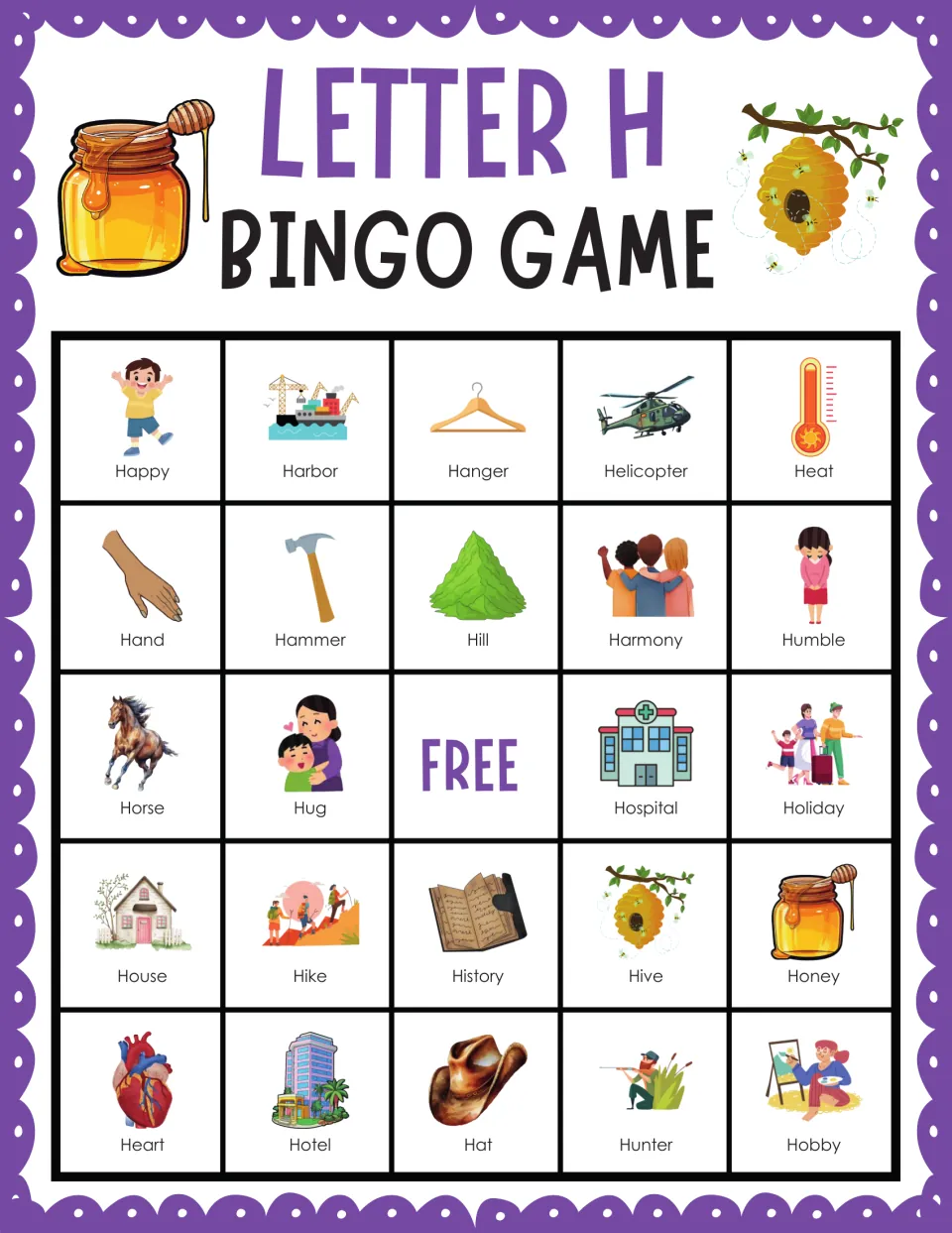 H bingo card 4: labeled pictures including Happy, Harbor, Hanger, Helicopter and Heat for matching called H words
