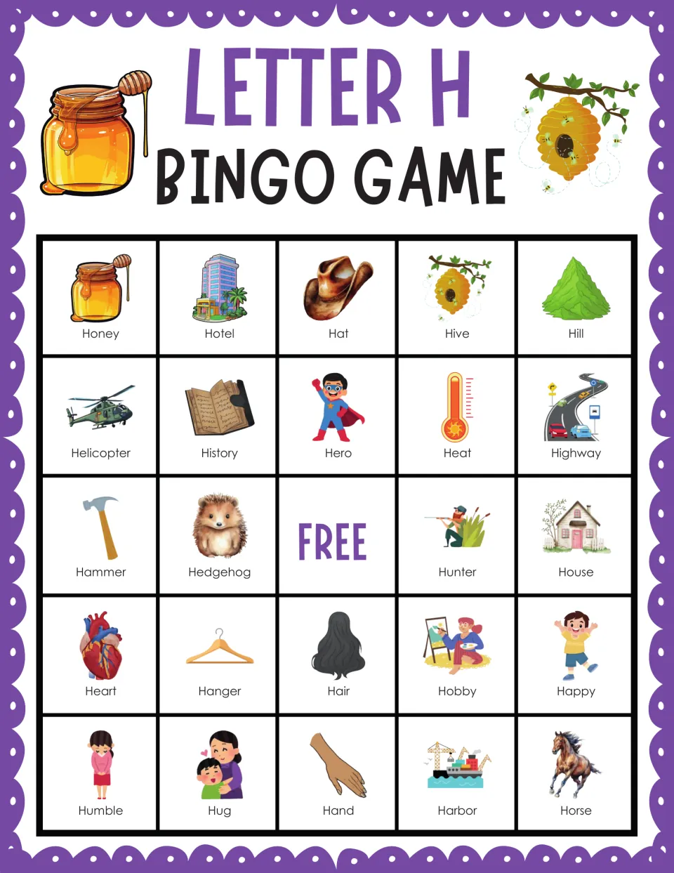 H bingo card 5: Honey, Hotel, Hat, Hive and Hill top this board, with Hero and Hedgehog among the H pictures to mark