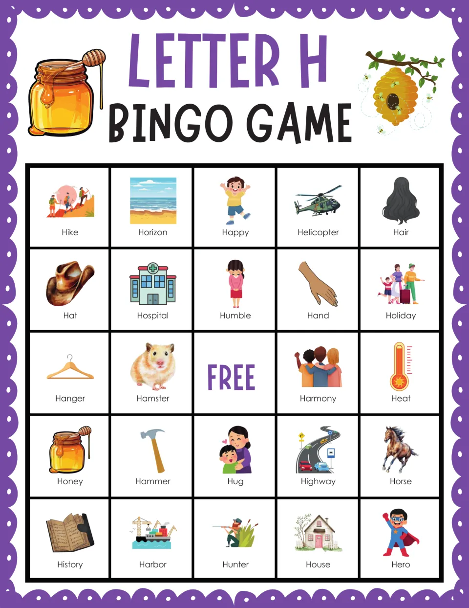 H bingo card 7: students find called words among pictures like Hike, Horizon, Happy, Helicopter and Hair to cover