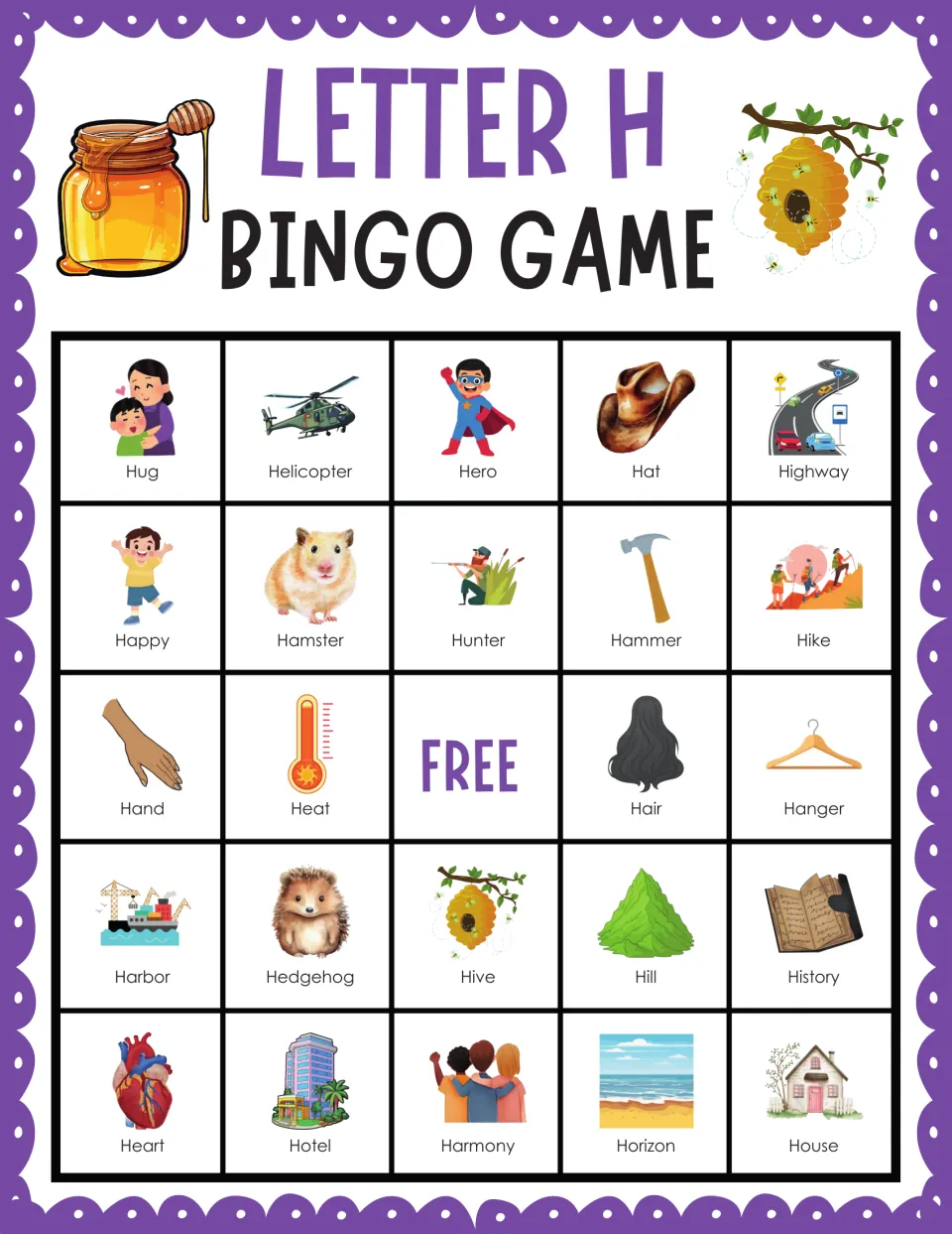 H bingo card 8: picture-word squares for Hug, Helicopter, Hero, Hat and Highway start a mix of H words around FREE