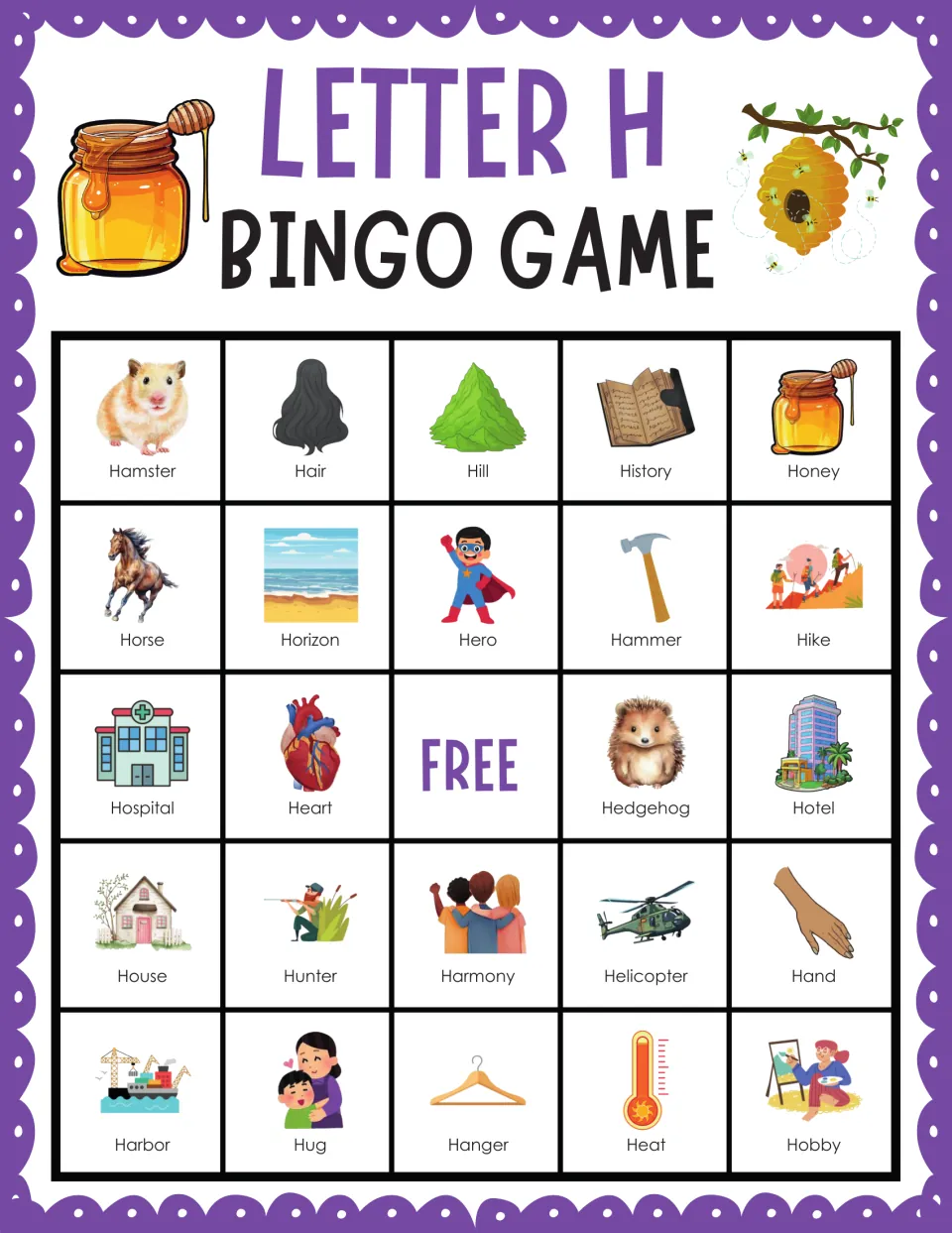 H bingo card 9: beginning-sound board with Hamster, Hair, Hill, History and Honey on top, Hedgehog and Heart below
