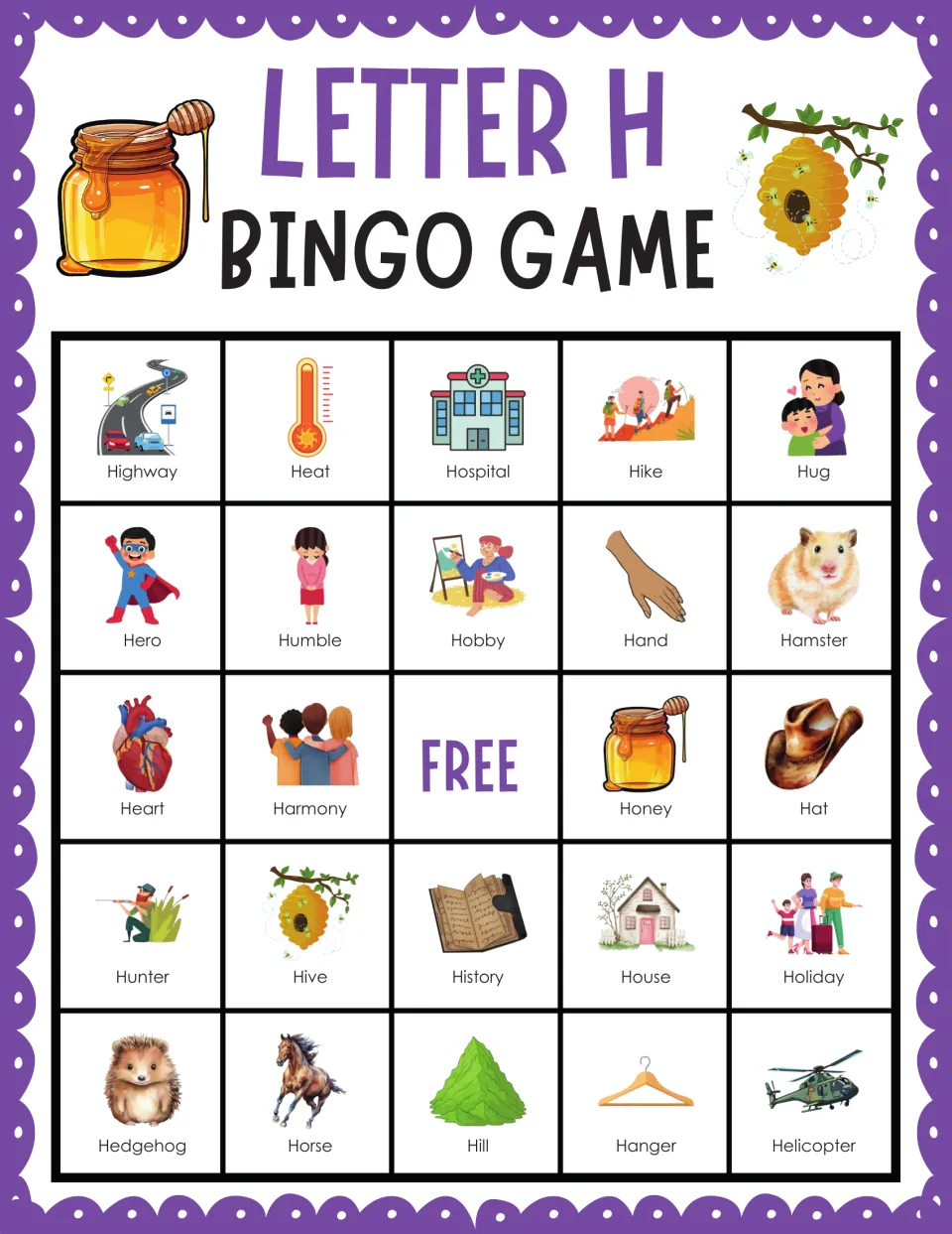 H bingo card 10: students cover pictures named Highway, Heat, Hospital, Hike and Hug, plus Hedgehog and Helicopter