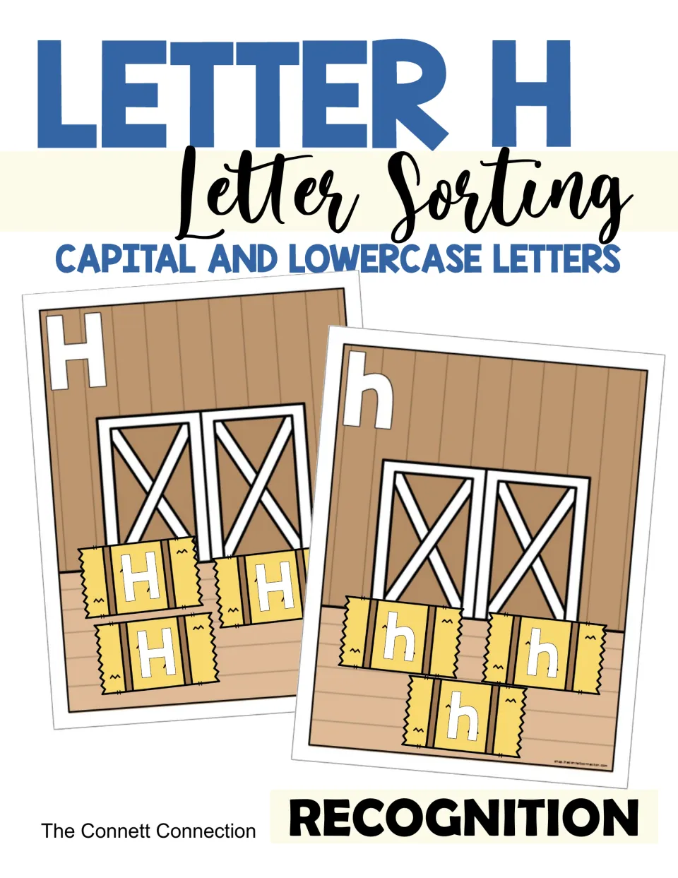 Letter H letter sorting cover: capital H and lowercase h barn mats with hay bale letter cards, labeled for recognition