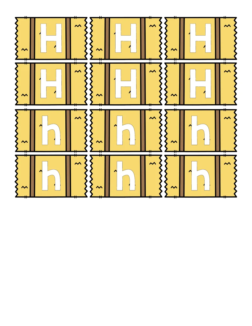 Hay bale letter cards: six capital H and six lowercase h cards for students to cut out and sort onto the matching barn mat