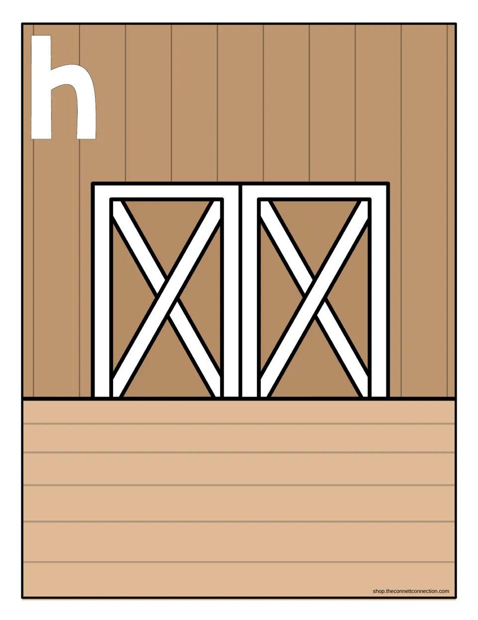 Lowercase h sorting mat: a barn scene marked with a large h where students place each hay bale card showing lowercase h