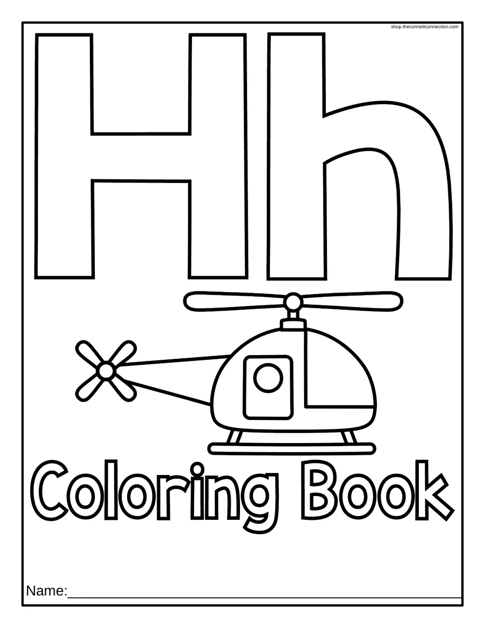 Letter H coloring book cover: outlined Hh, a helicopter to color and a name line for students to write their name