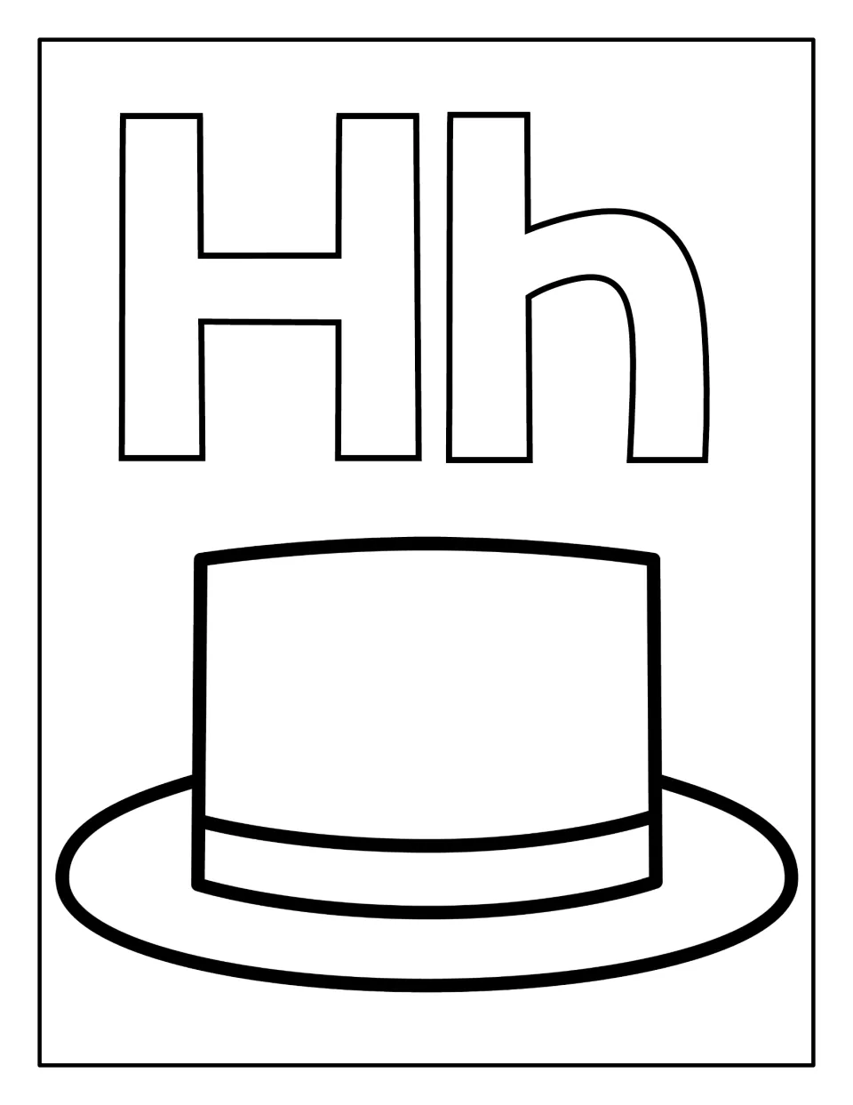 Uppercase and lowercase Hh in bubble letters above a large top hat; students color the letters and the hat for H