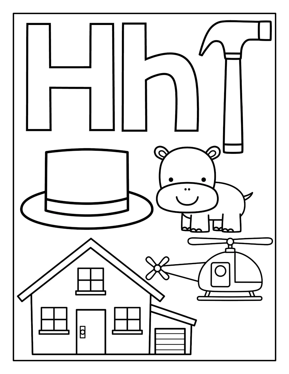 Hh beginning sounds: students color the bubble letters plus a hammer, hat, hippo, helicopter and house that start with H