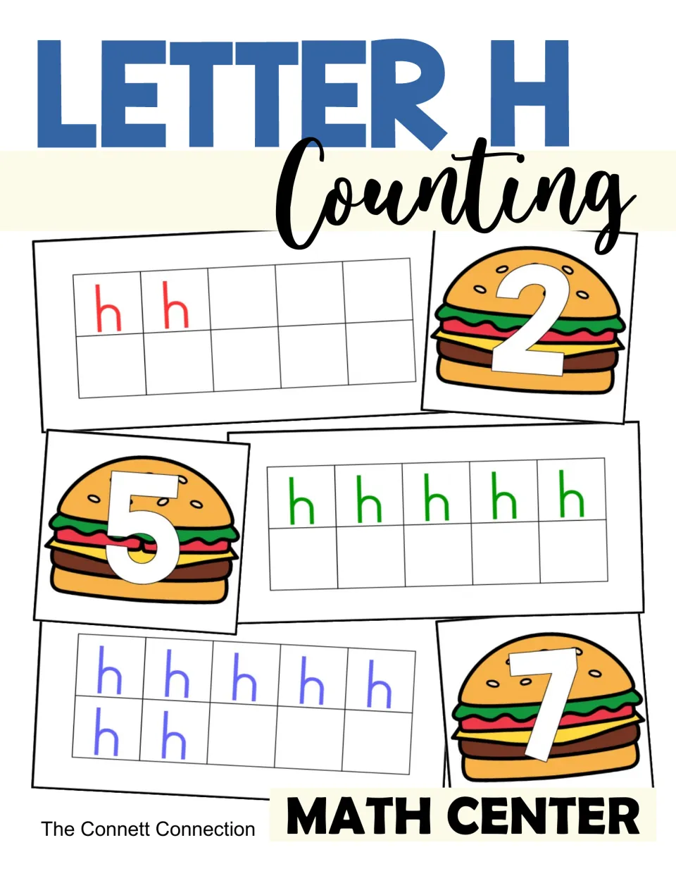 Letter H Counting math center cover: ten frames filled with letter h and hamburger number cards showing 2, 5 and 7