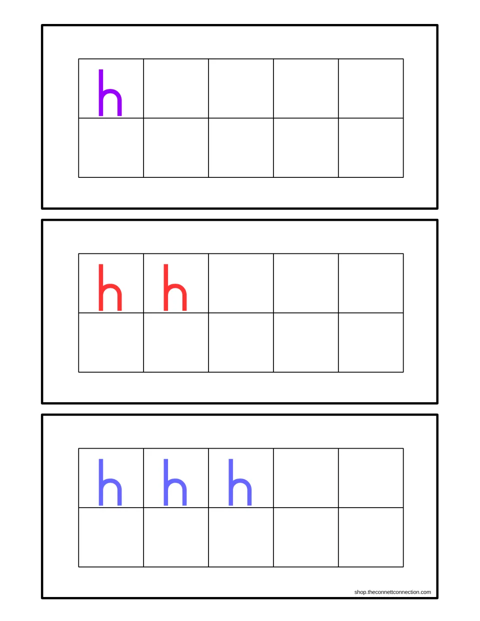 Counting cards for 1 to 3: ten frames hold one, two and three lowercase h letters for students to count and match