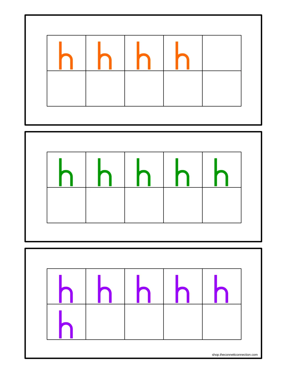 Counting cards for 4 to 6: ten frames show four, five and six lowercase h letters that students count to find the total