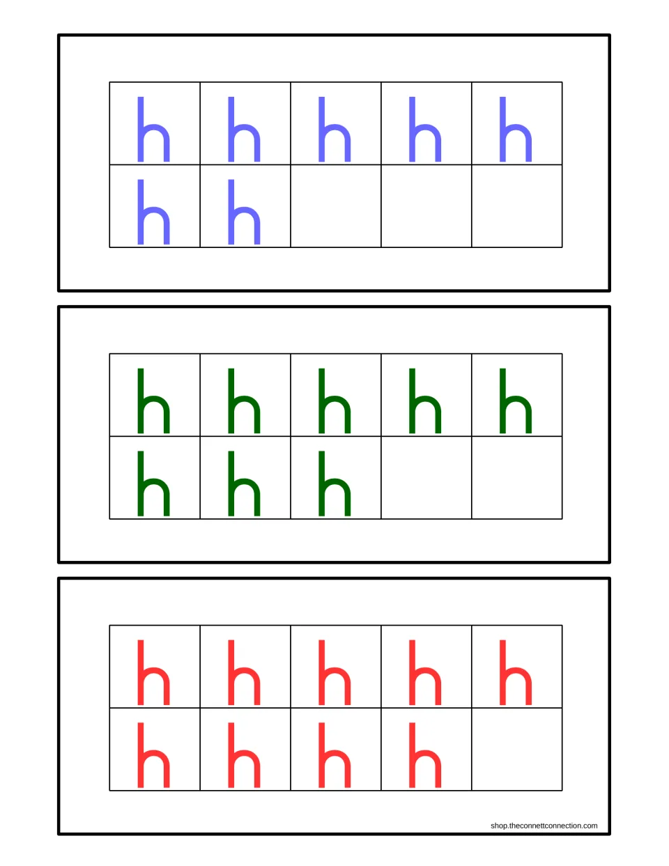 Counting cards for 7 to 9: ten frames filled with seven, eight and nine letter h for students to count beyond five