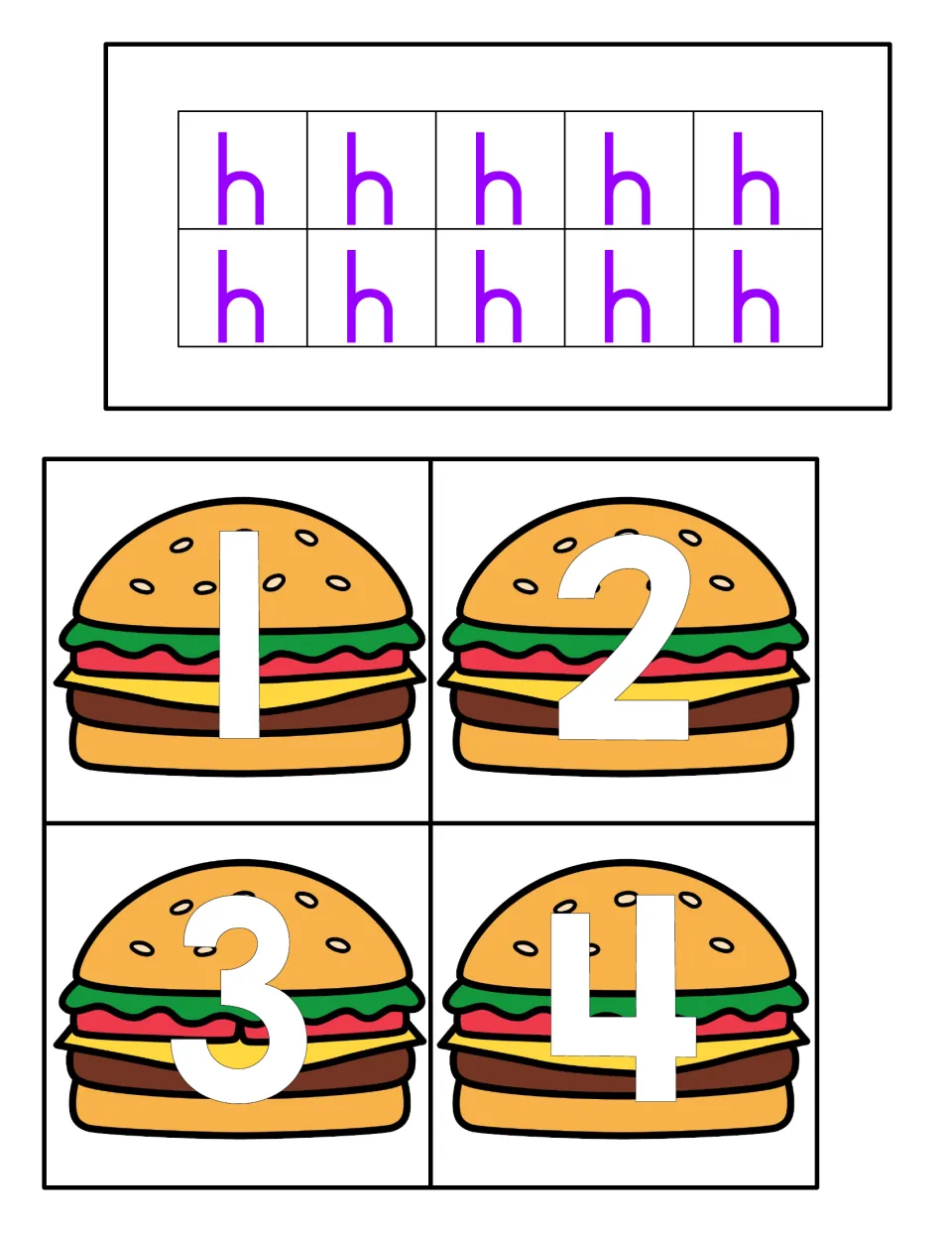 Full ten frame of 10 letter h, plus hamburger number cards 1 to 4 for students to match each count to its numeral