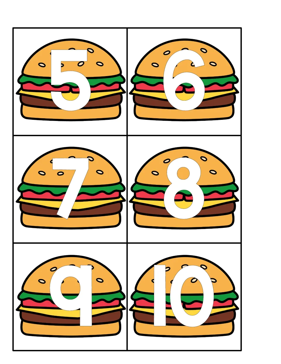 Hamburger number cards 5 to 10: each burger shows a large white numeral to pair with the matching letter h ten frame