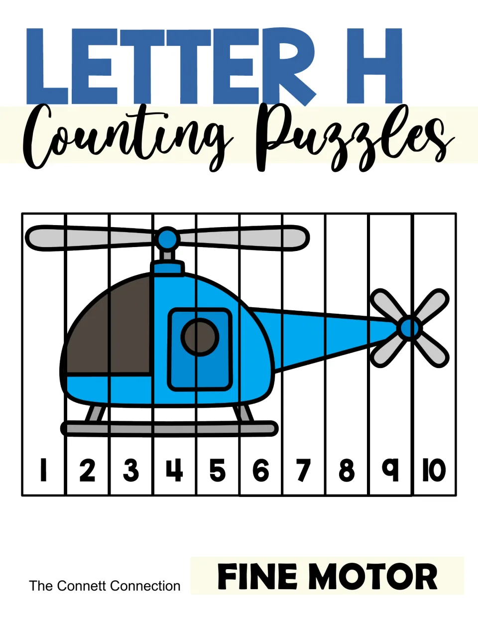Letter H counting puzzles cover: a blue helicopter picture split into 10 strips numbered 1 to 10, marked Fine Motor