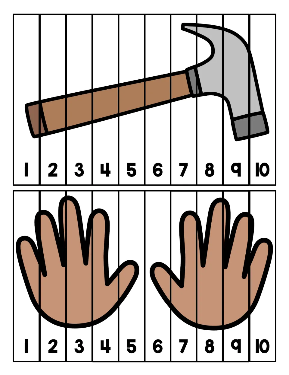 Hammer and hands puzzles: students cut each picture into 10 strips and order them 1 to 10 to rebuild it, number sequencing