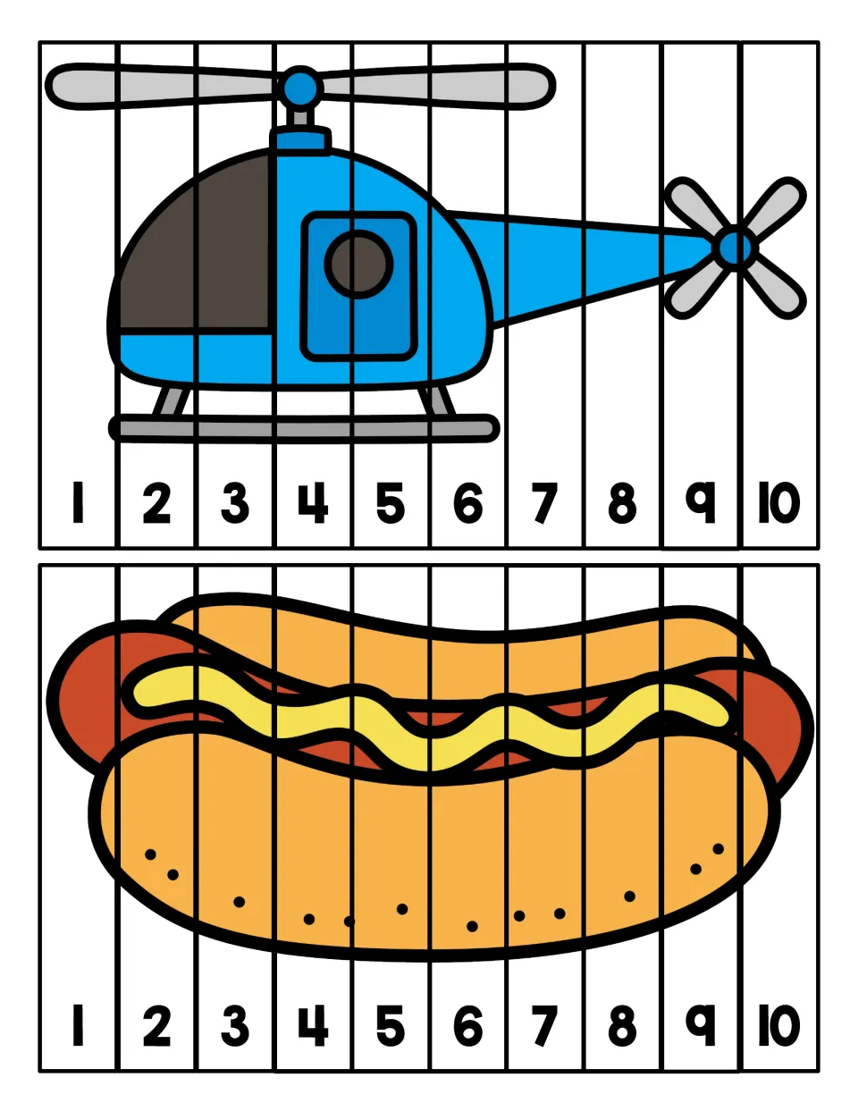 Helicopter and hot dog puzzles: students put strips numbered 1 to 10 in counting order to rebuild each picture