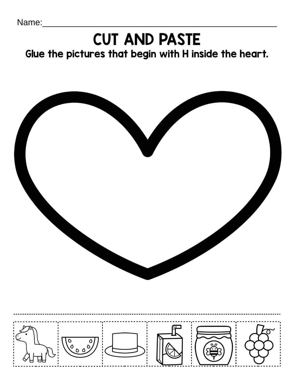 Letter H sound sort: students cut out pictures such as horse, hat and honey and glue the ones starting with H in a heart