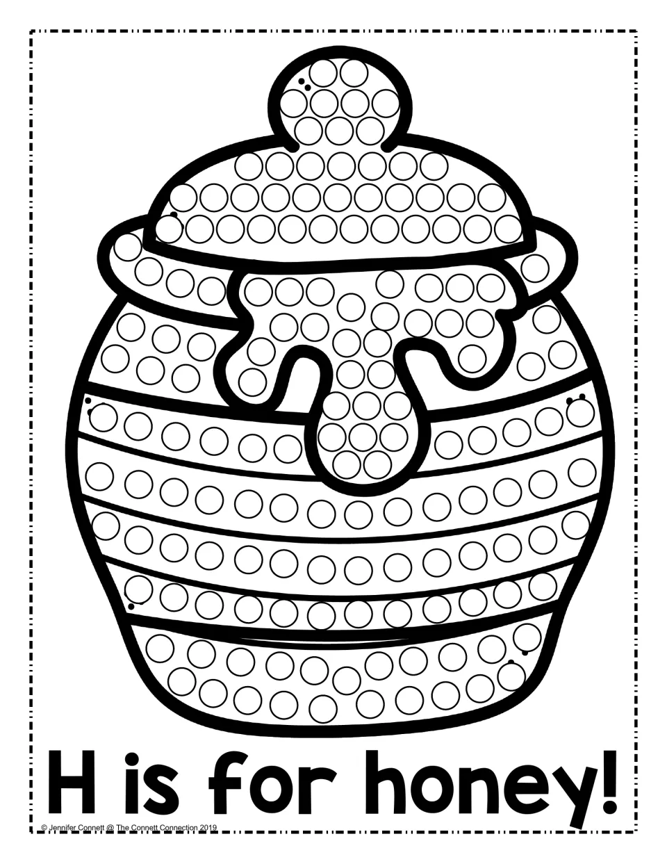 H is for honey: students dot each circle on a dripping honey pot and lid to connect the letter H with a picture word