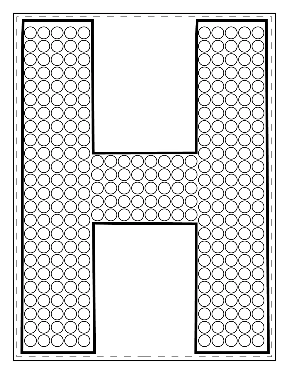 Uppercase H filled with rows of circles for students to dab with dot paint, practising the capital letter shape
