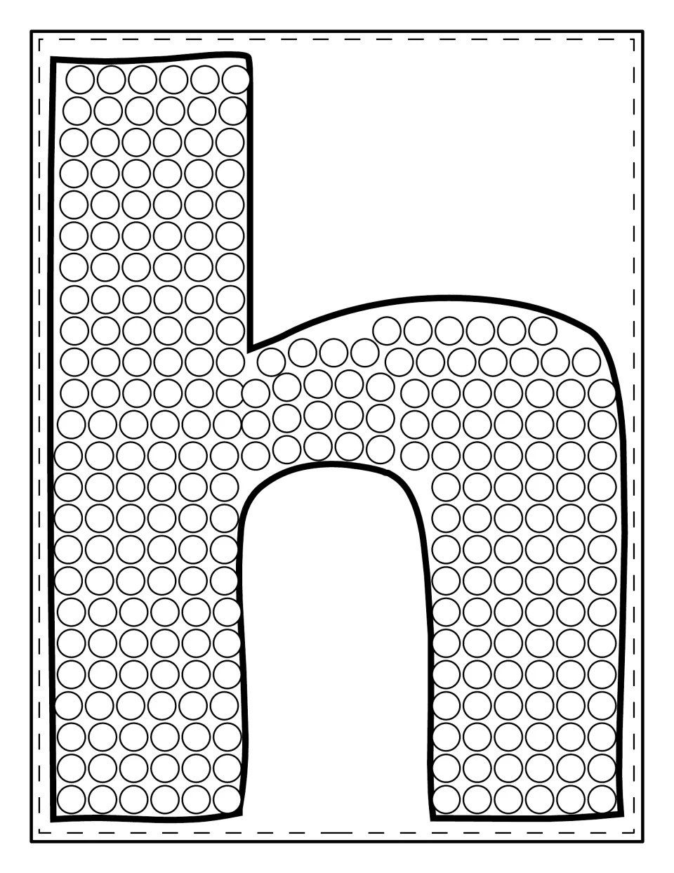 Lowercase h filled with circles for students to dot with paint, practising the shape of the small letter h