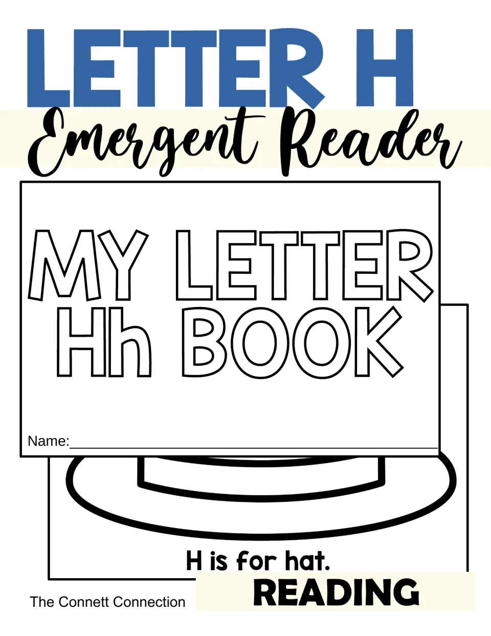 Letter H emergent reader cover: My Letter Hh Book title, a name line and a hat drawing with the sentence H is for hat