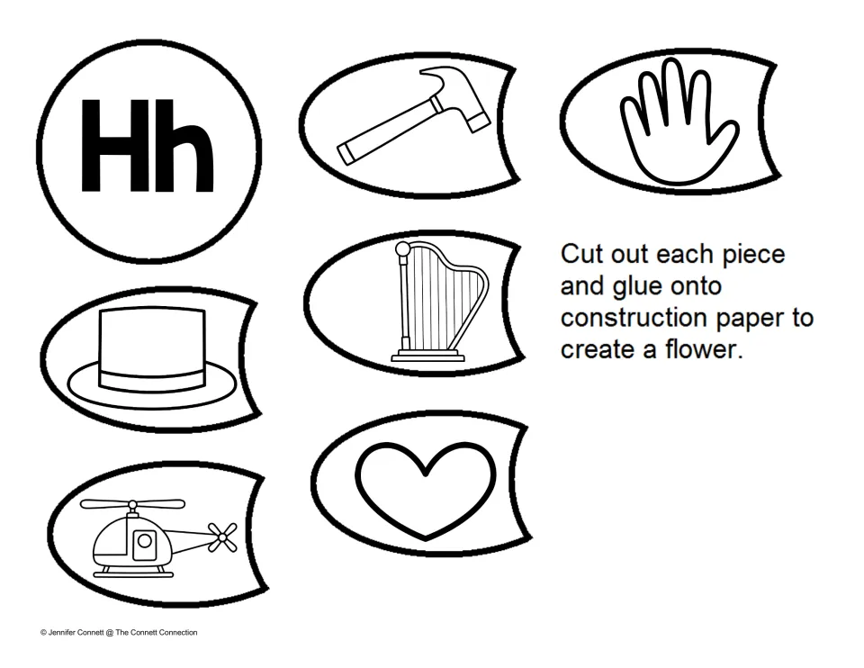 Letter H sound pictures: students cut out an Hh center and petals showing hammer, hand, hat, harp, heart and helicopter