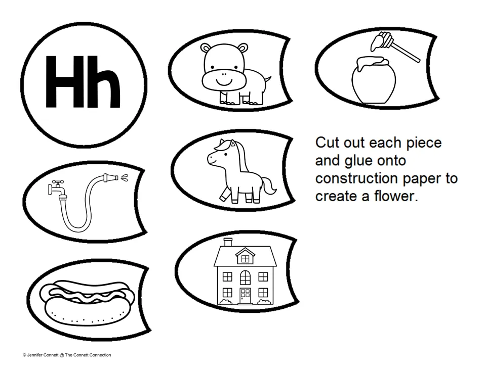 Beginning sound H flower: students cut out an Hh center plus petals with hippo, honey, hose, horse, hot dog and house