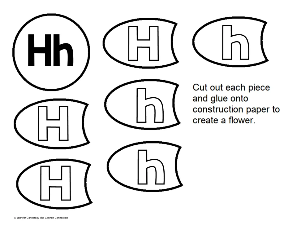 Uppercase and lowercase H flower: students cut out an Hh center and six petals with outlined H and h letters to glue