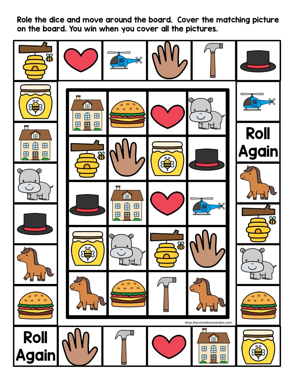 Letter H board game in color: roll, move and cover matching pictures like hat, hippo, horse, helicopter and heart