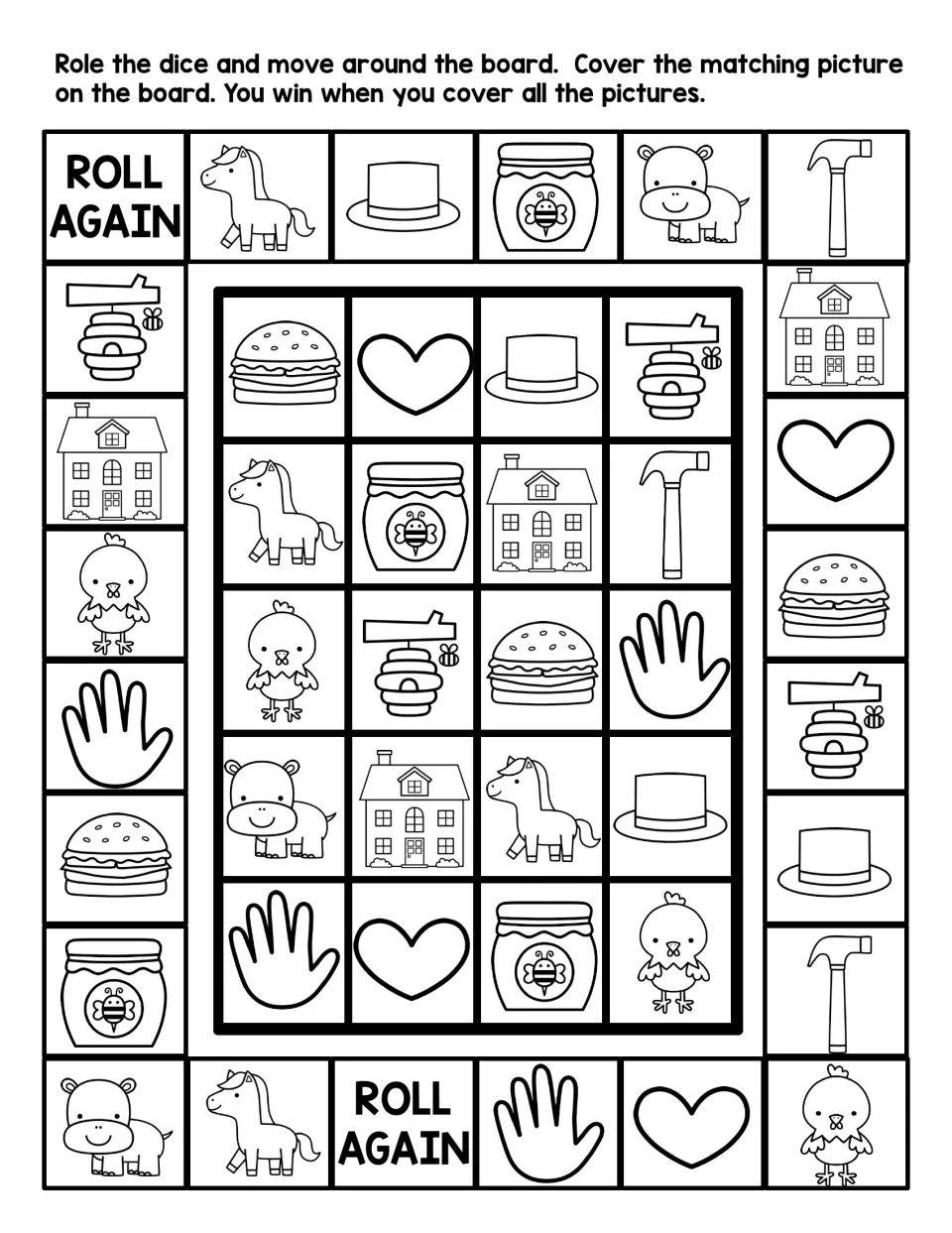 Black-and-white H sound board game: roll the dice and cover pictures like hen, hand, hammer, house and hamburger