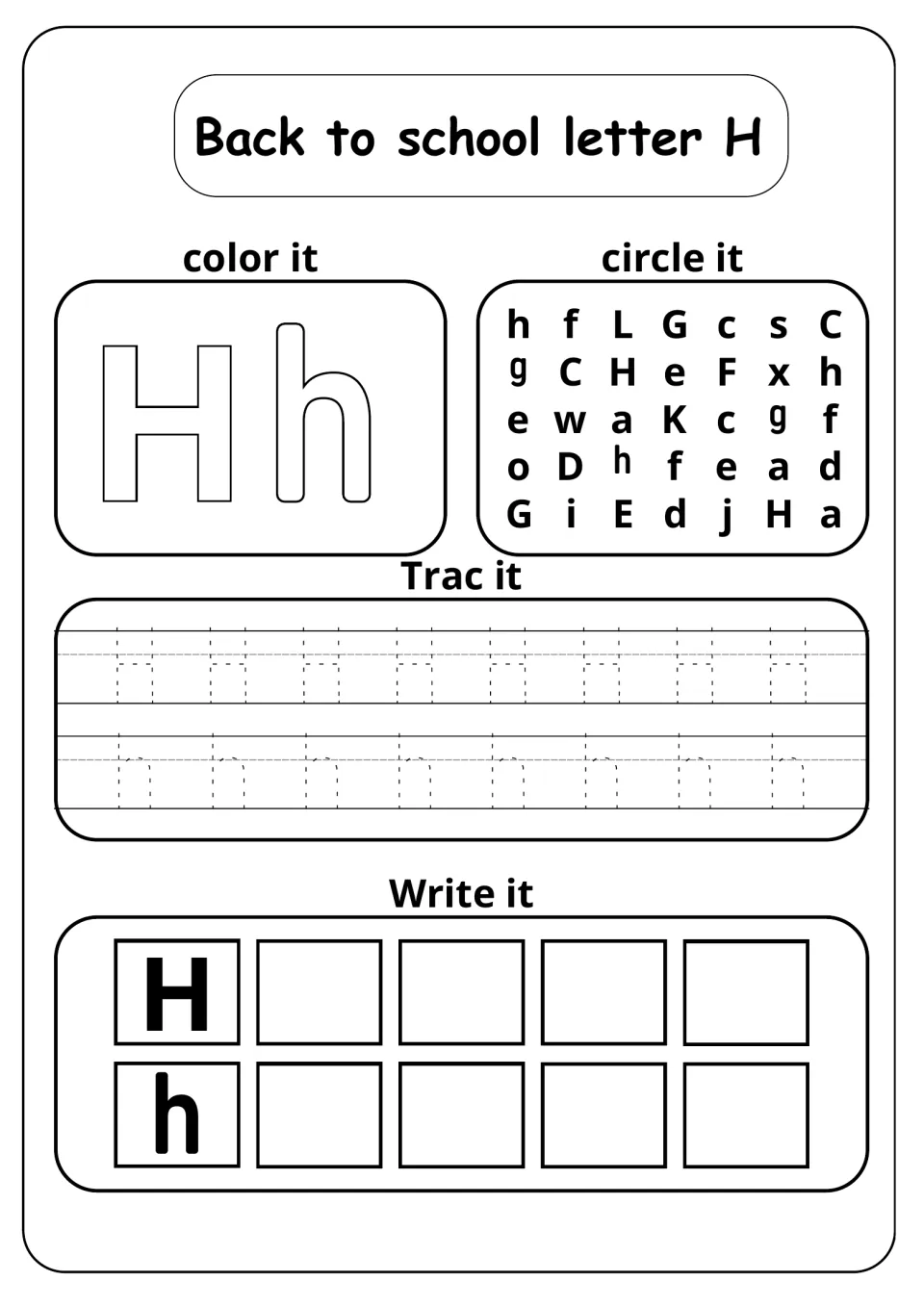 Back to school letter H: students color Hh, circle H and h in a letter mix, trace rows of H and h, then write each