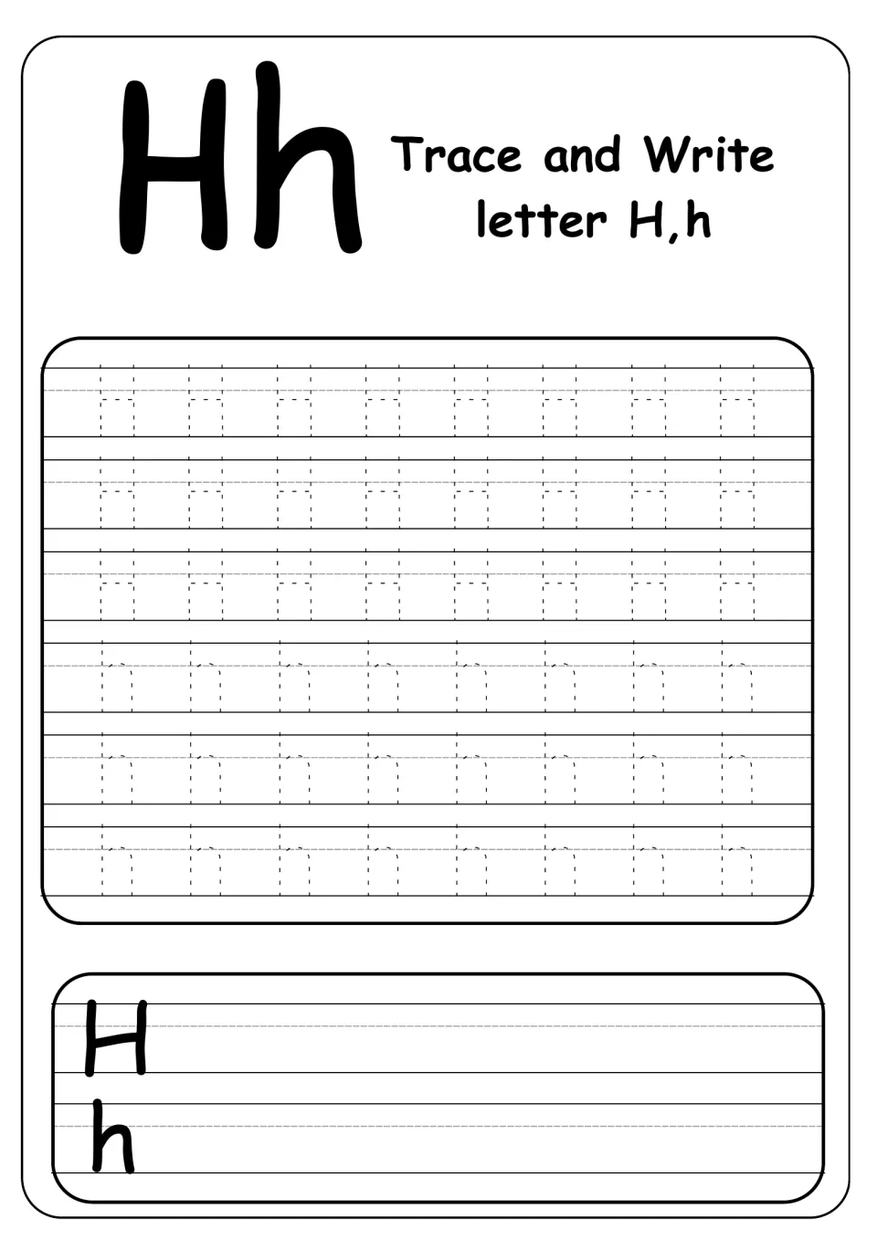 Trace and Write letter H,h: students trace three rows of capital H and three of lowercase h, then write both freely