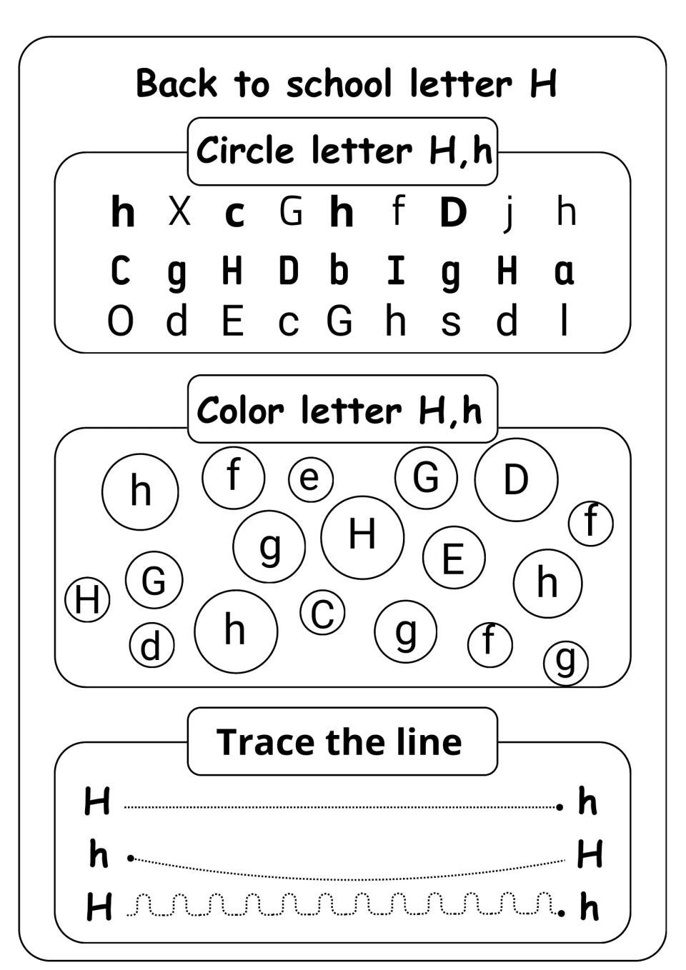 Letter H recognition: students circle H and h among mixed letters, color the H and h bubbles, trace lines from H to h