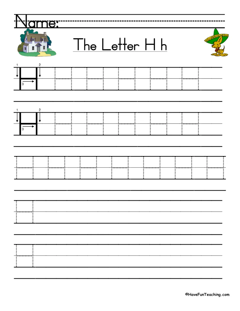 Uppercase H handwriting: students follow numbered stroke arrows, trace dotted H letters, then write H on their own
