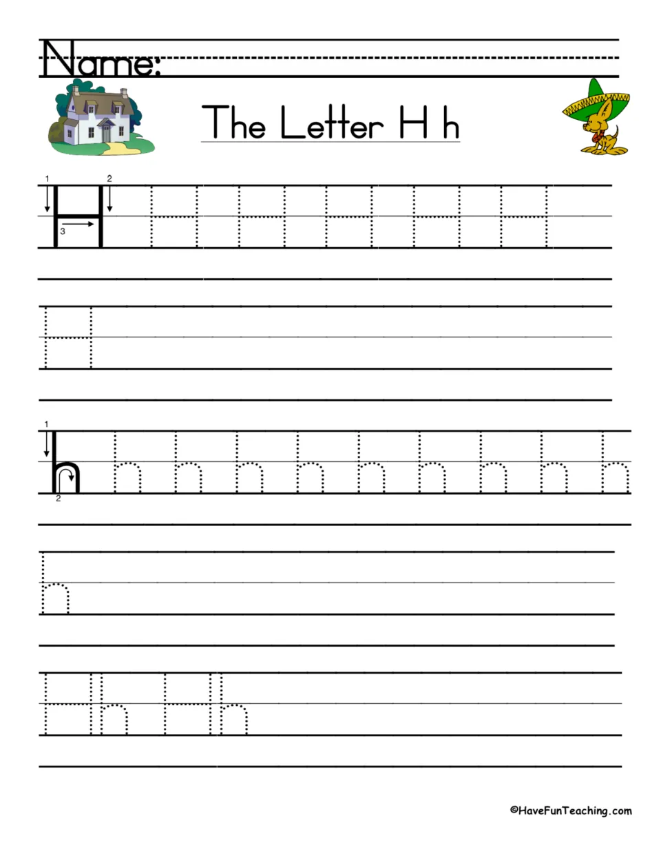 Letter H h review: students trace and write uppercase H and lowercase h, then trace pairs Hh Hh before writing their own