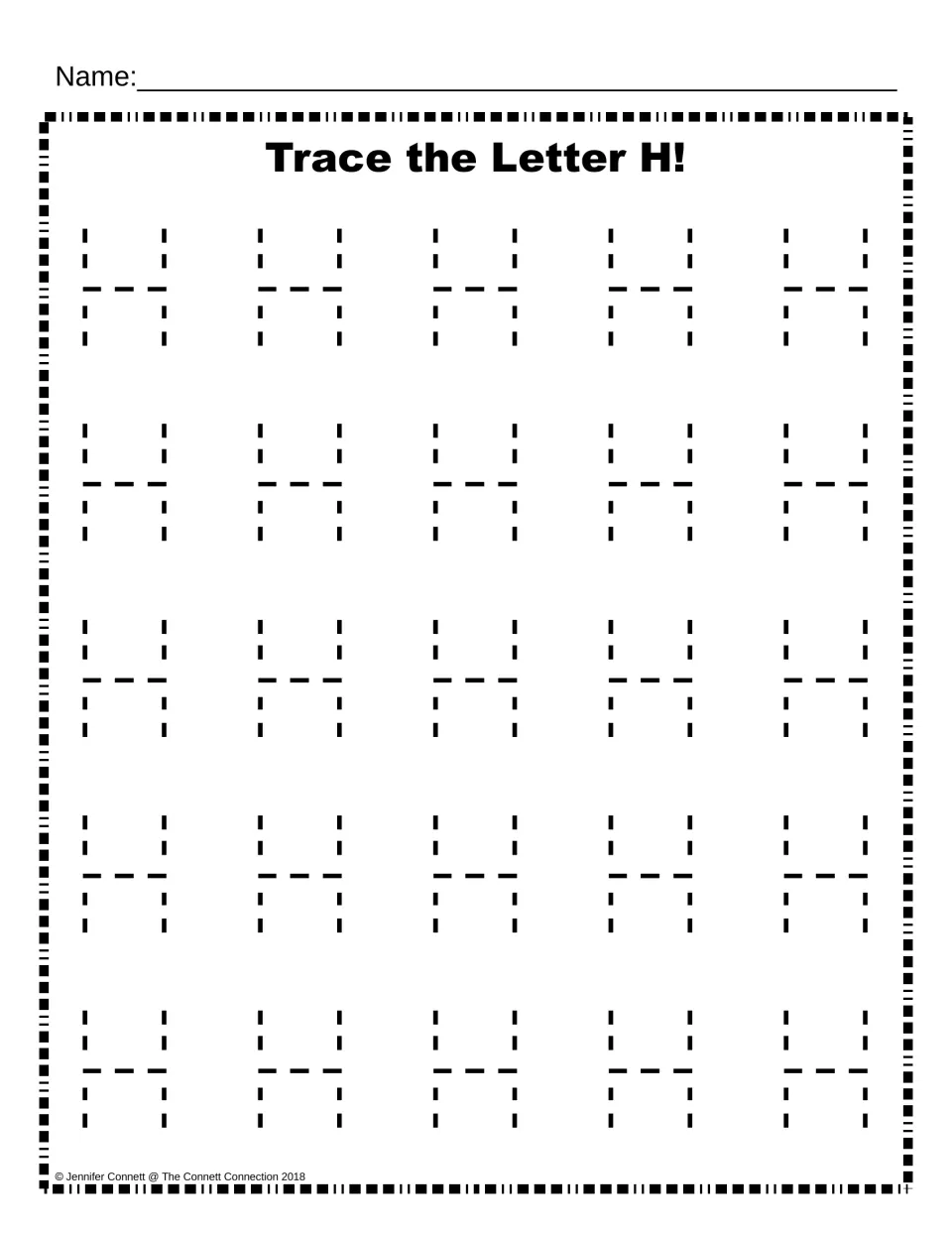 Trace the Letter H: students trace 25 dotted uppercase H letters in five rows to practise forming capital H strokes