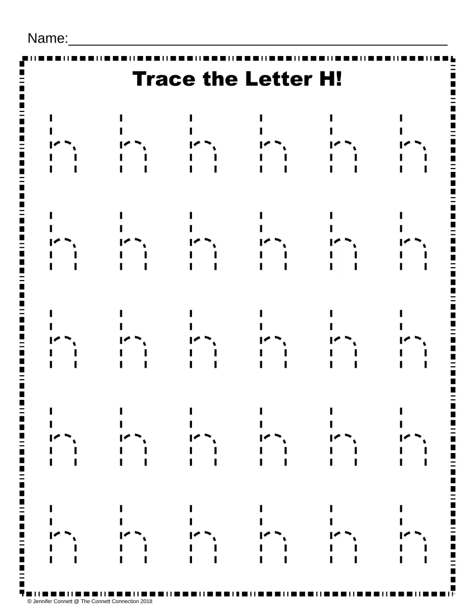 Trace the Letter H: students trace 30 dotted lowercase h letters in five rows to practise the tall stick and hump of h