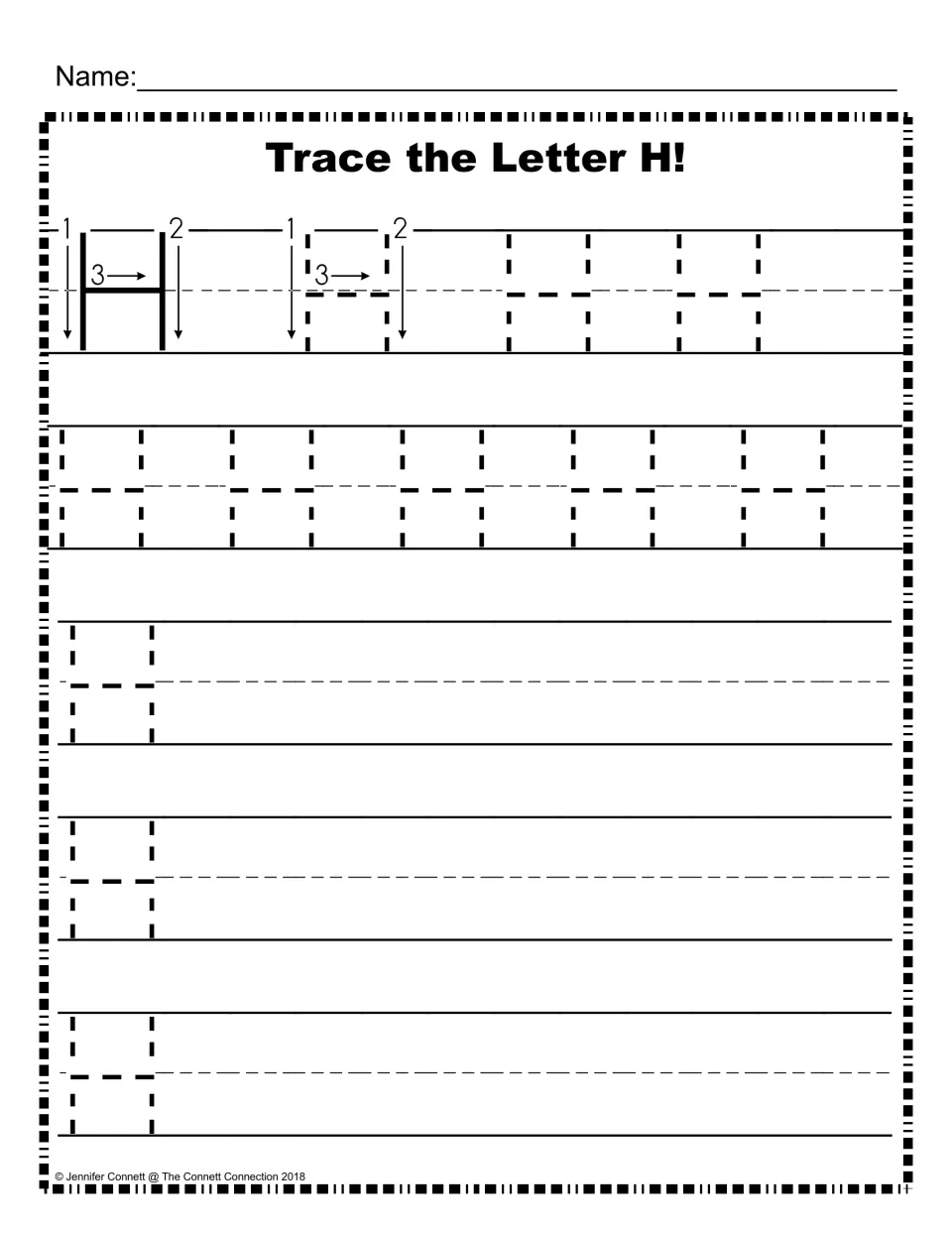 Uppercase H handwriting practice: numbered stroke arrows model H, then students trace dotted H's and write their own