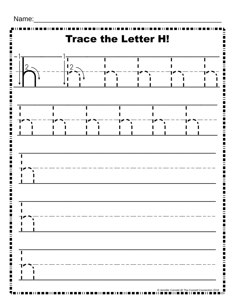 Lowercase h handwriting practice: arrows show strokes 1 and 2, then students trace dotted h's and write more