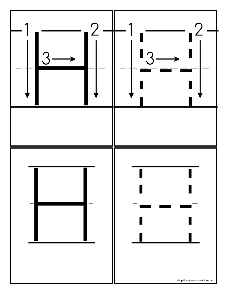 Capital H cards: one solid H and one dotted H with numbered stroke arrows, plus a plain solid H and a dotted H to trace