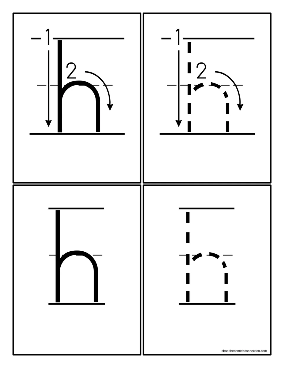 Lowercase h cards: a solid h and a dotted h with stroke 1 and 2 arrows, plus a plain solid h and a dotted h for tracing