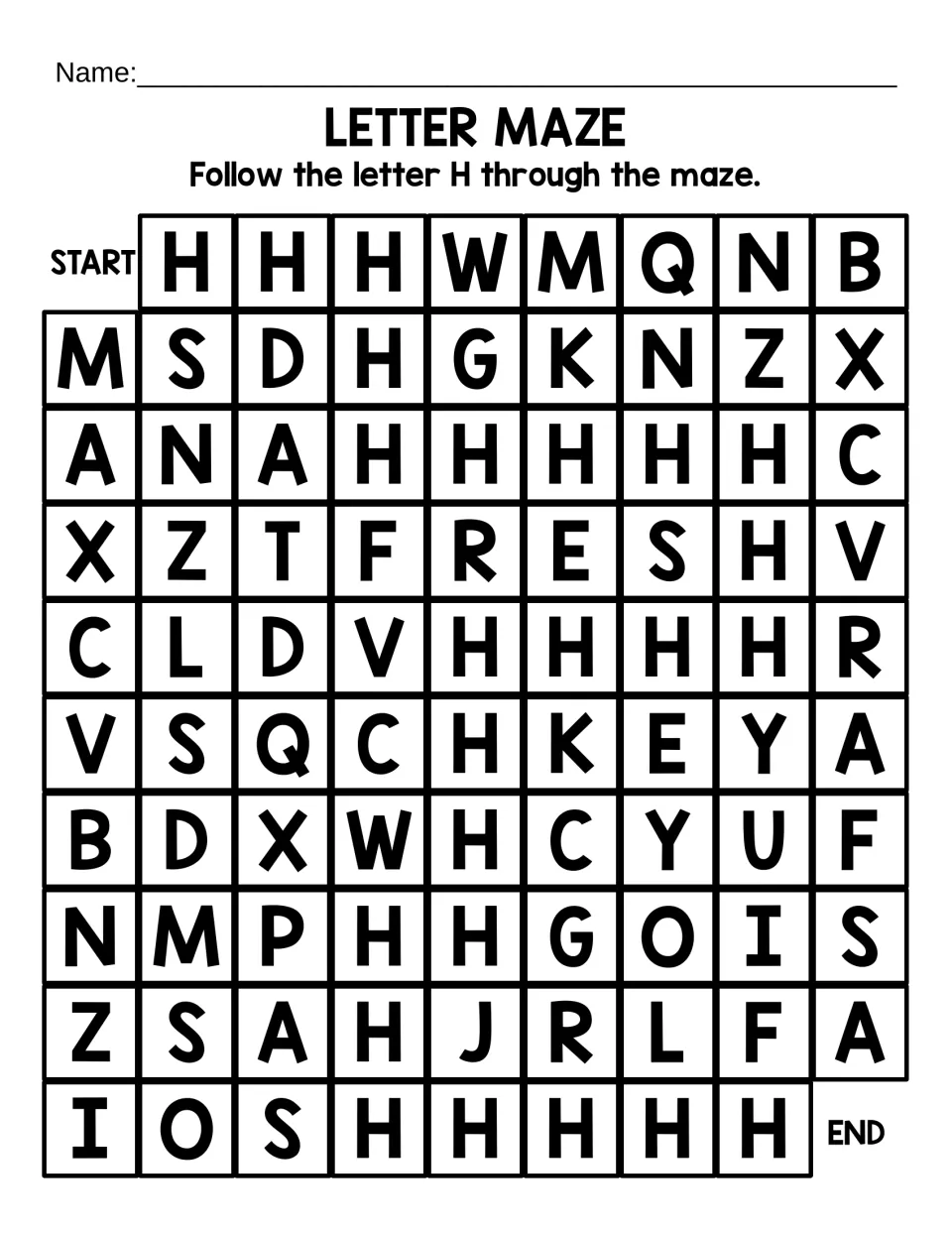 Uppercase H letter maze: students follow a path of capital H letters from START to END among mixed distractor letters